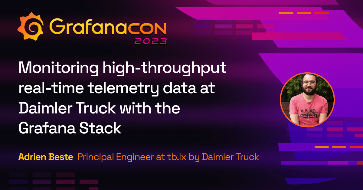 GrafanaCON 2023 graphic with title and presenter information for Daimler Truck session.
