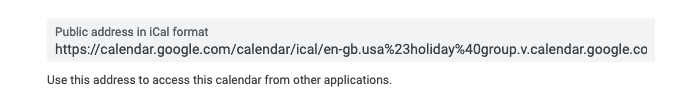 UI for adding the web address for US Public Holidays iCalendar from Google