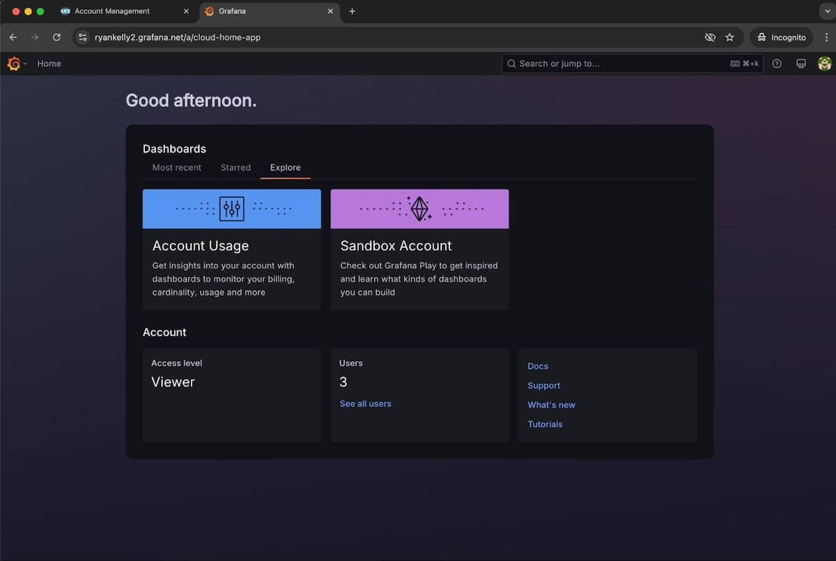 A screenshot of a Grafana Cloud homepage showing the Access level is Viewer