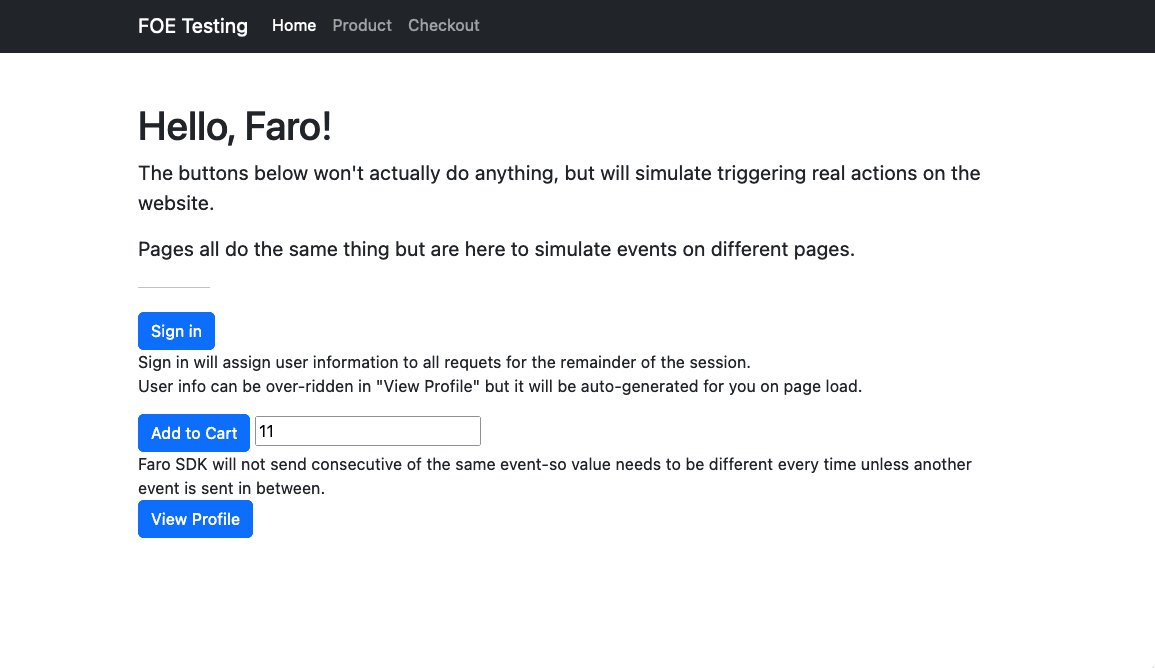 A screenshot of the test app
