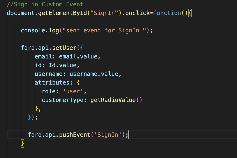 A screenshot of code for setting user info