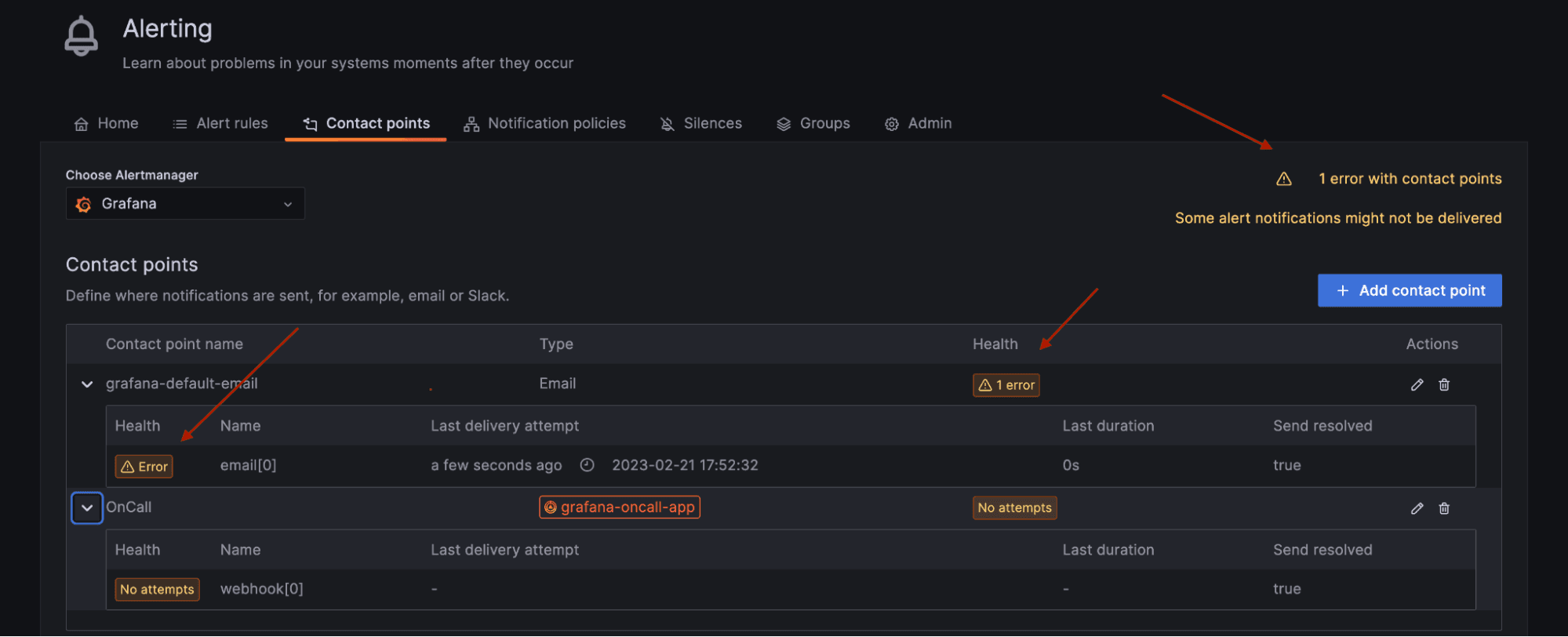 Screenshot with arrows showing status of contact points