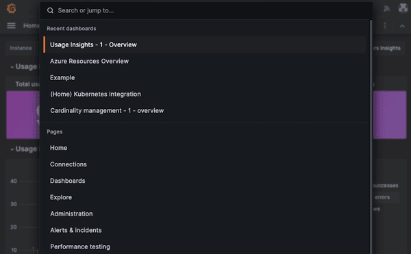 Screenshot of the command palette in Grafana