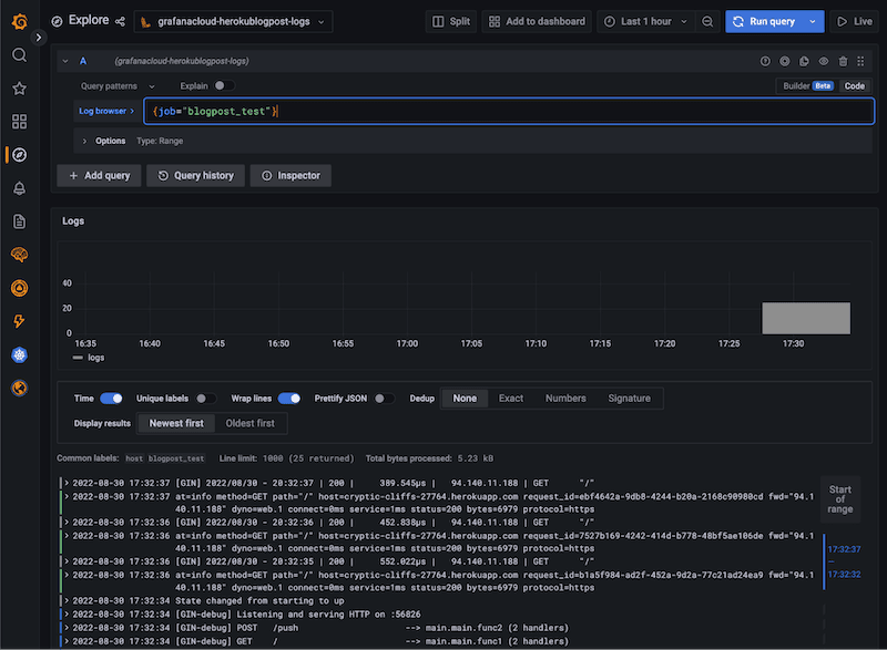 Heroku logs in Grafana Loki.