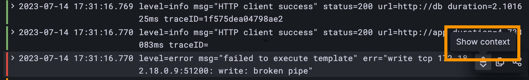 Screenshot of log context modal with the Show context button highlighted.