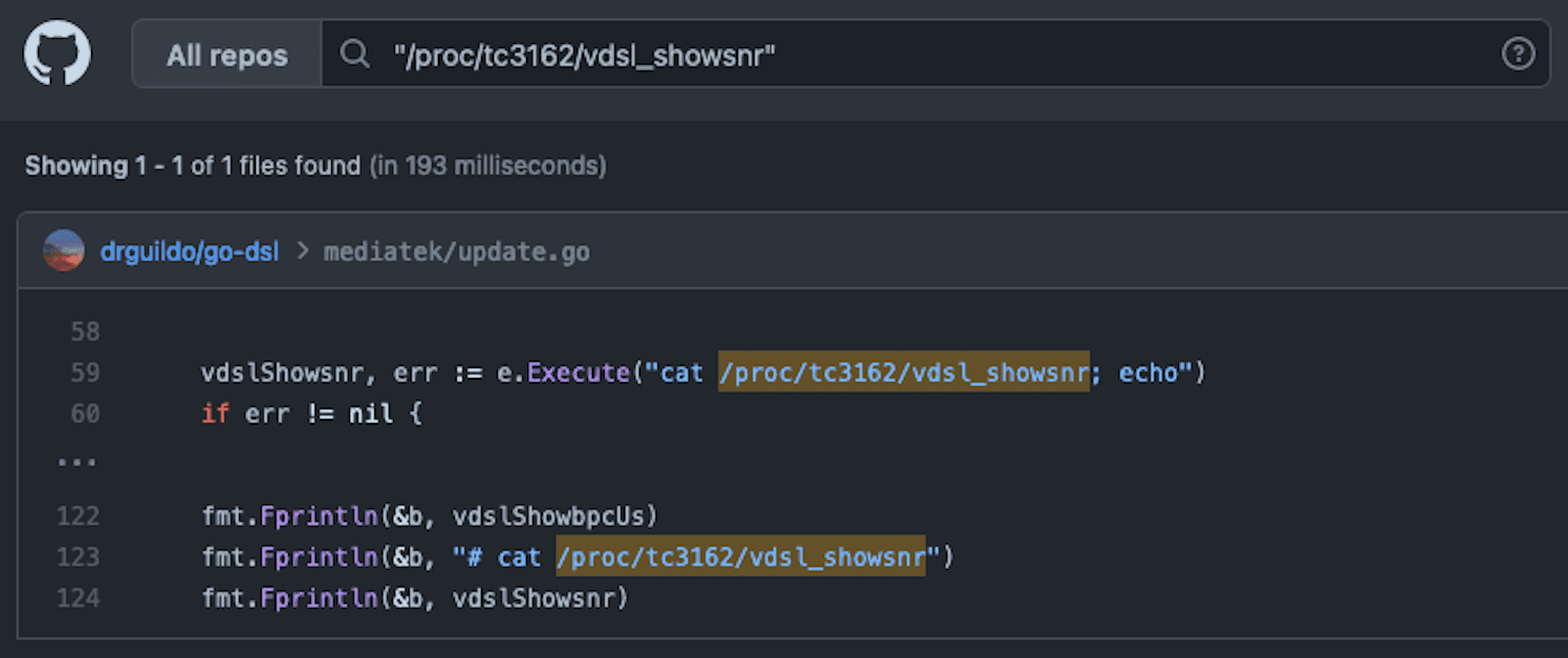A screenshot of the results of a GitHub code search.