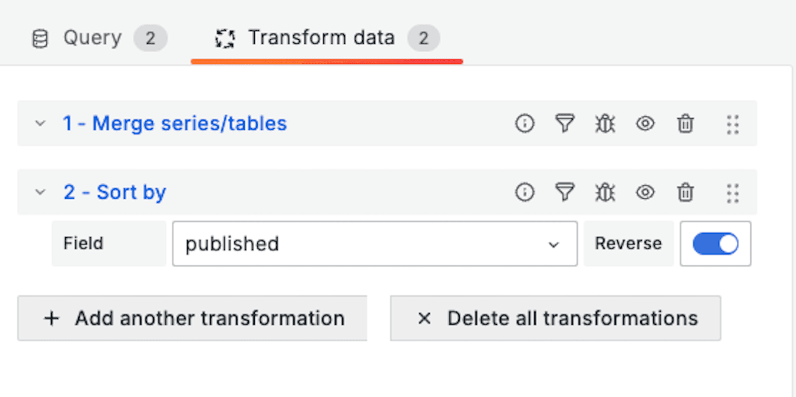 A screenshot of the Grafana data source menu to configure merge and sort transformations