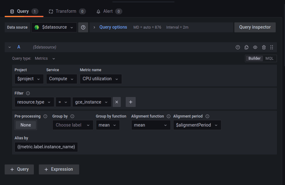 Screenshot of Google Cloud monitoring plugin query grouping in UI for Grafana 9.2