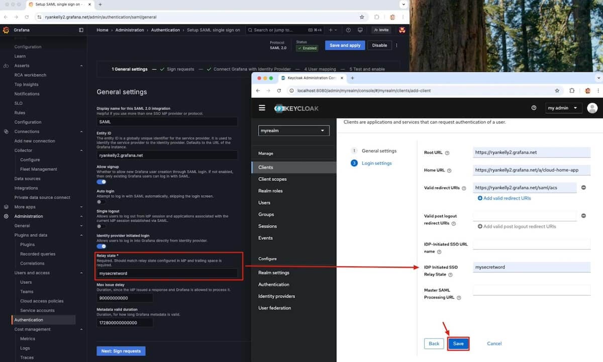 A screenshot showing the Grafana Cloud relay state matching the idP initiated SSO Relay State in Keycloak