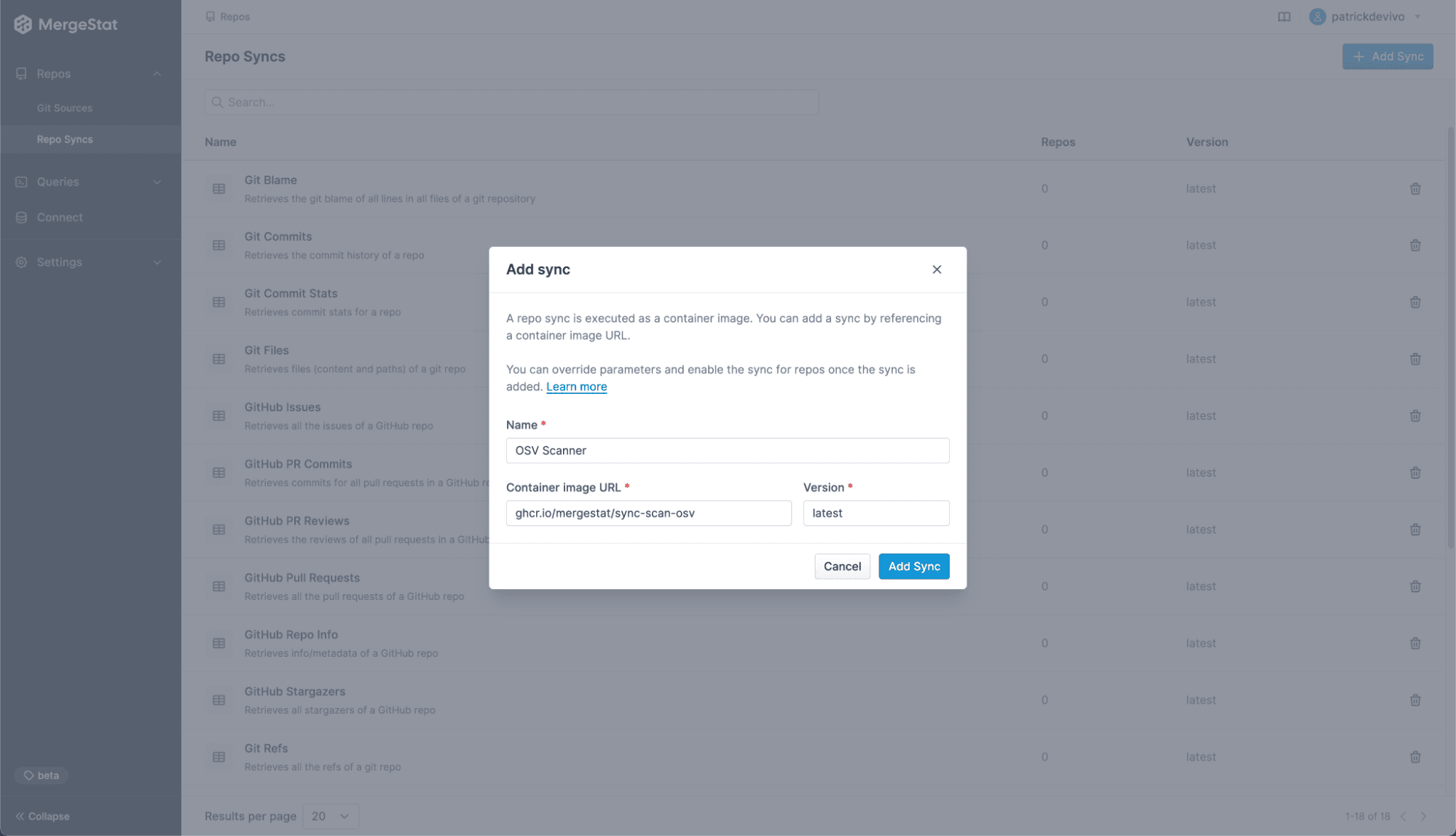 A screenshot of the Add sync window in MergeStat