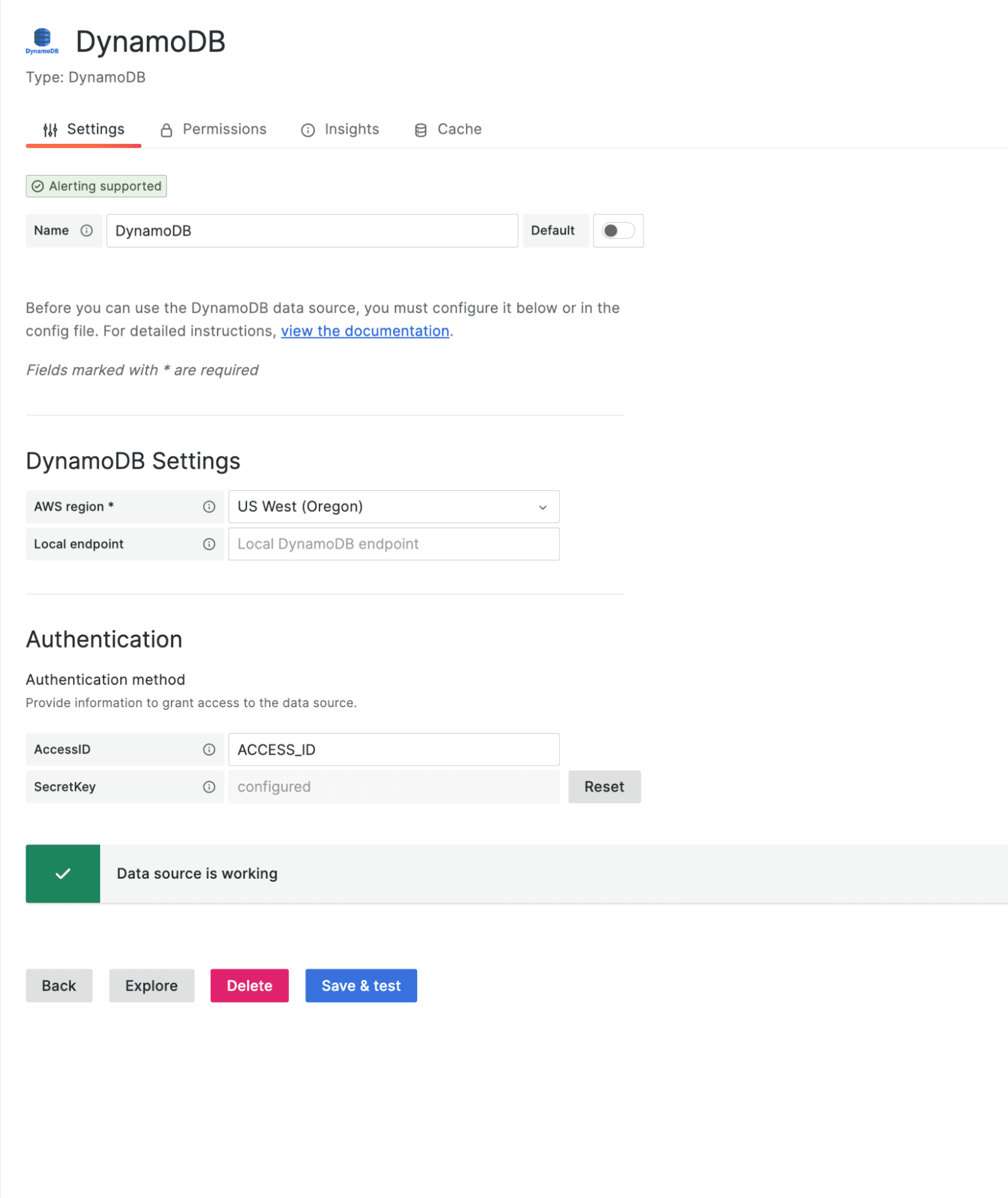 A screenshot of how to configure the DynamoDB data source.