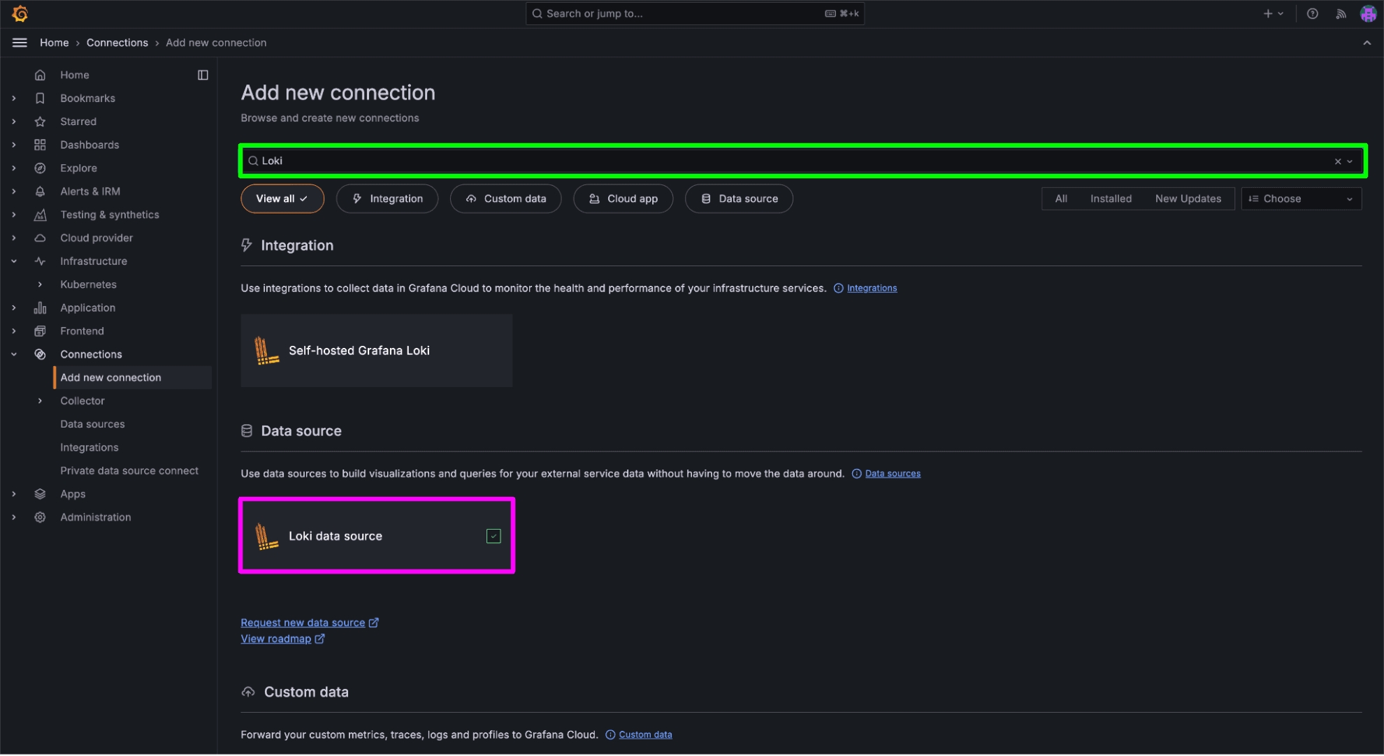 A screenshot showing how to search for the Loki data source.