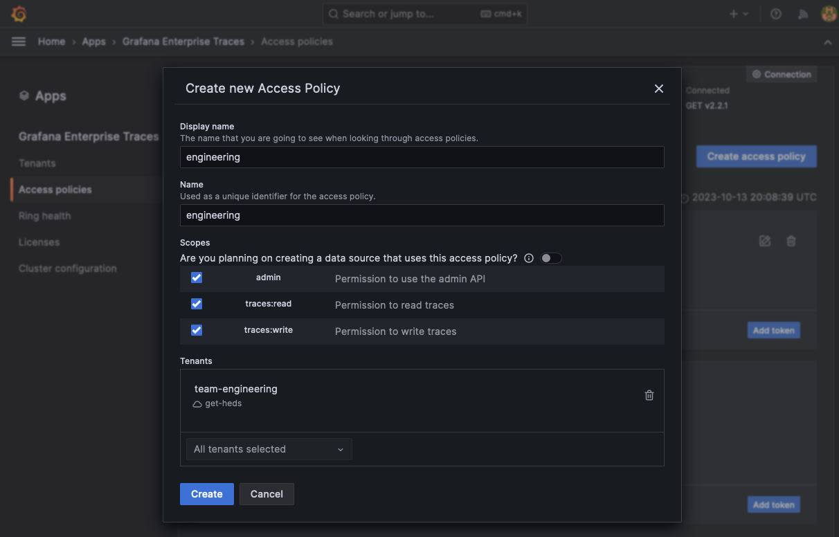 Create a new access policy for the tenant