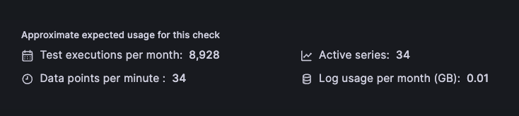The Synthetic Monitoring calculator in the Grafana Cloud &ldquo;Edit check&rdquo; page, showing the approximate usage for a check