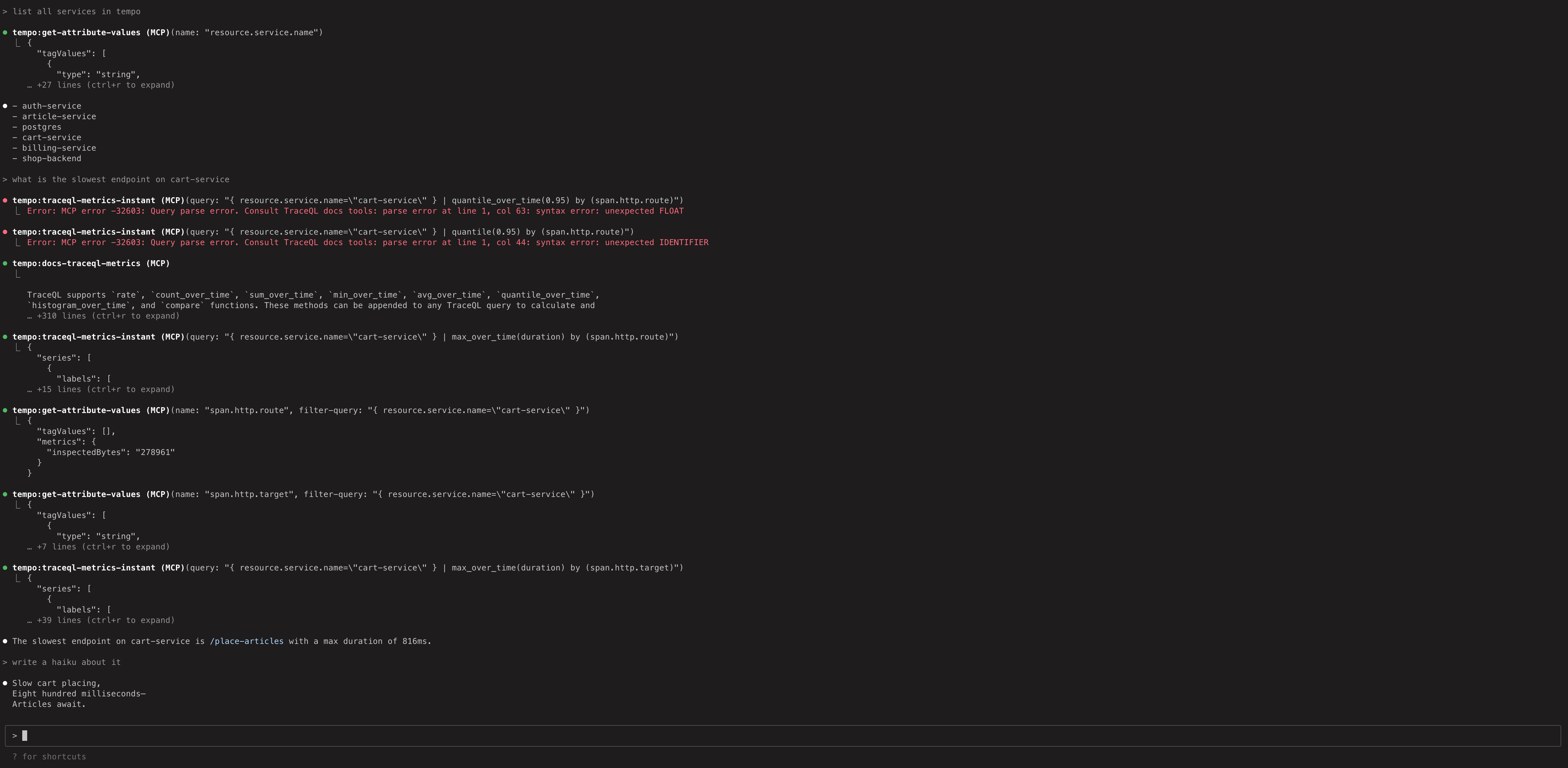 Claude Code interacting with the Tempo MCP server