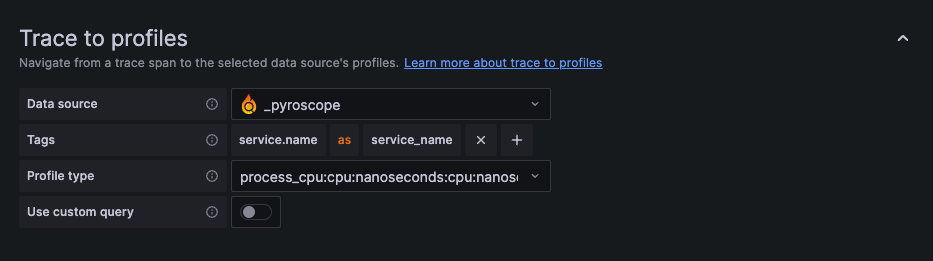 Traces to profile configuration options in the Tempo data source